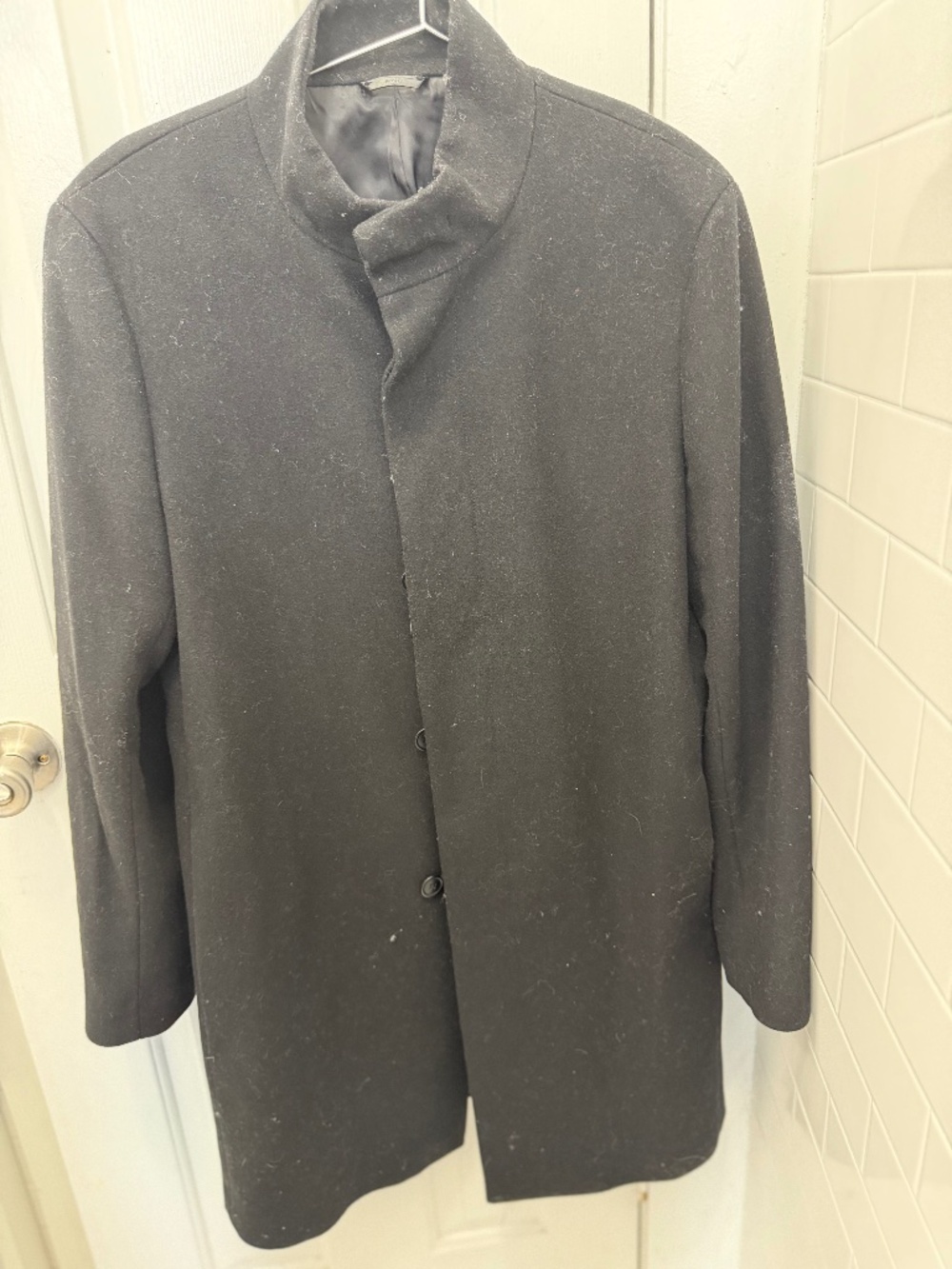 Mango Men's Black Wool-Blend Stand Collar Pea Coat